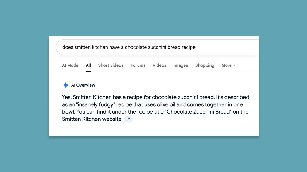 Google search results for "does smitten kitchen have a chocolate zucchini bread recipe" showing an AI Overview that confirms Smitten Kitchen has a chocolate zucchini bread recipe described as "insanely fudgy," made with olive oil in one bowl